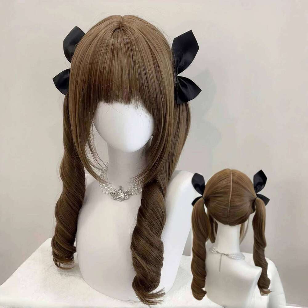 Brown Long Wavy for Women Natural Hair Synthetic Lolita Double Ponytail Roman Curly Wigs Daily Cosplay Heat Resistant