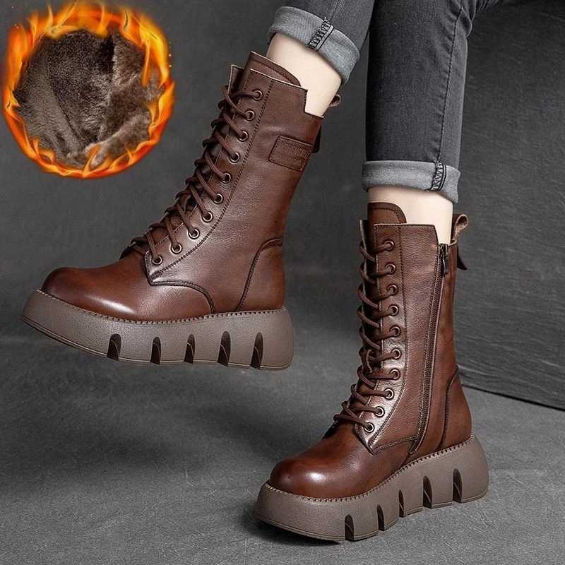 Winter Leather Women Boots Round Toe Mid-heel Ankle Boots for Women Lace Up Warm Snow Boots Lady Platform Bikerboots Women Z250704