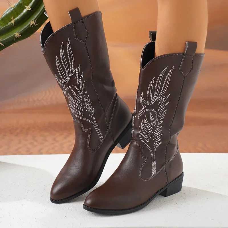 Women Fashion Slip on Knight Boots Ladies Autumn Winter Thick Sole Knight Boots Pointed Toe Square Heel Embroidered Cowboy Boots Z250704