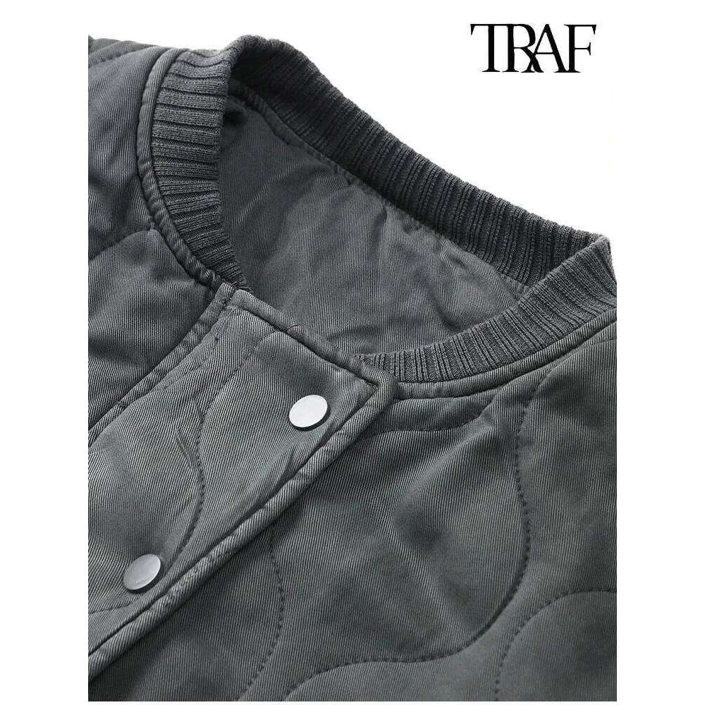 TRAF Women's Fashion Round Collar Single Breasted Long Sleeve Aviator Solid Color Quilted Commuter Warm Casual Jacket 250704