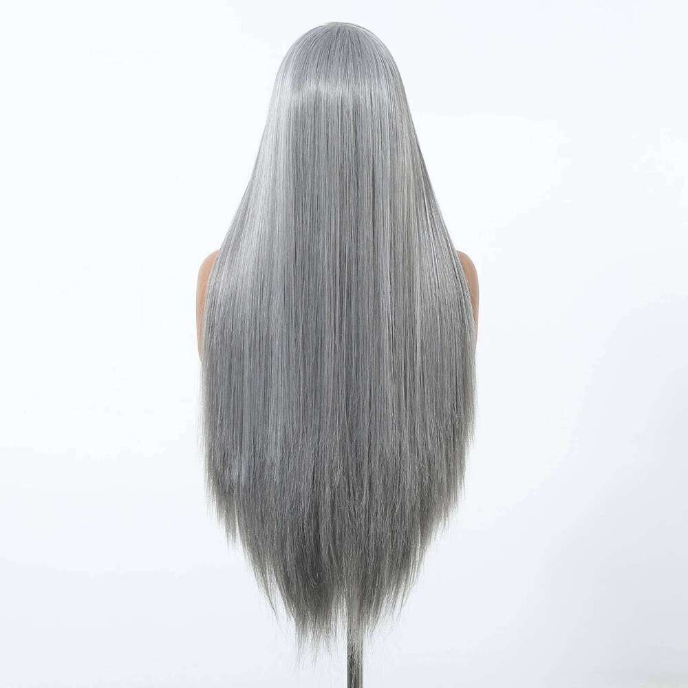 HENRY MARGU Long Straight Gray Front 13*3.5 Lace Frontal Wig Grey Synthetic Wigs for Women Cosplay Natural Fake Hair
