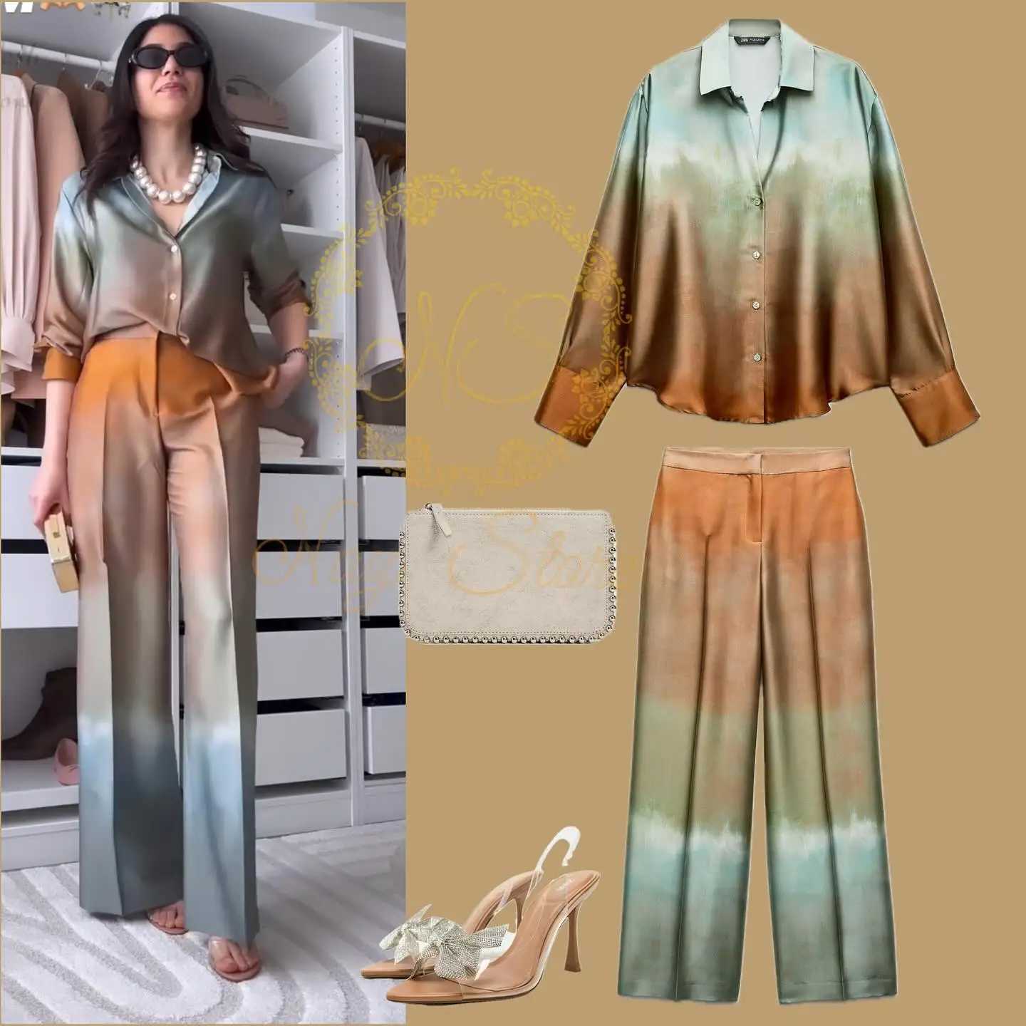 Tie Dye Gradient Print Loose Shirts Top Wide Leg Pants Sets New Autumn Button Blouse Long Trouser Satin Vintage Chic Women Suit X250704