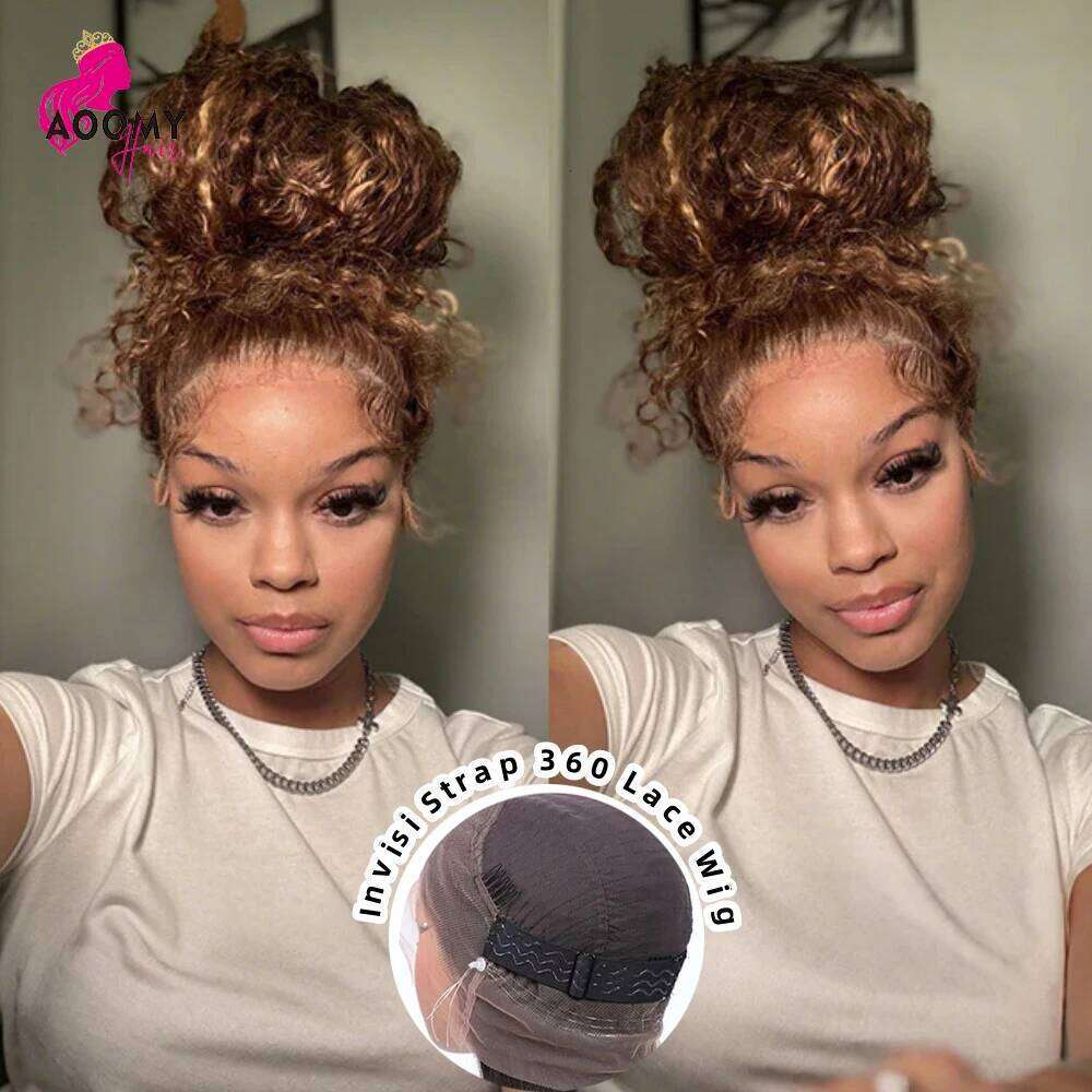 Invisi-Strap Full Human Hair Pre Plucked 250 Density Highlight Deep Wave Wigs Colored HD 360 Lace Frontal Wig
