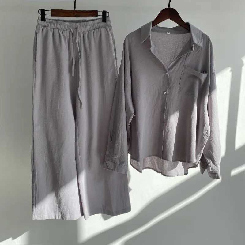 Cotton Linen Two Piece Set For Women Autumn Fashion Casual Long Slve Shirt Wide Leg Pants Suit Elegant Office Lady Outfits X250704