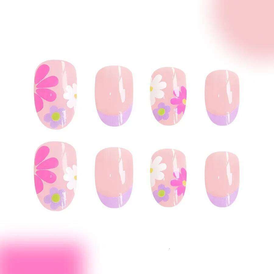 24Pcs Short Al Press-On Pink Floral French Tip Glossy&Elegant Full Cover Fake Nails for Women&Girls Spring,Daily Wear X250704