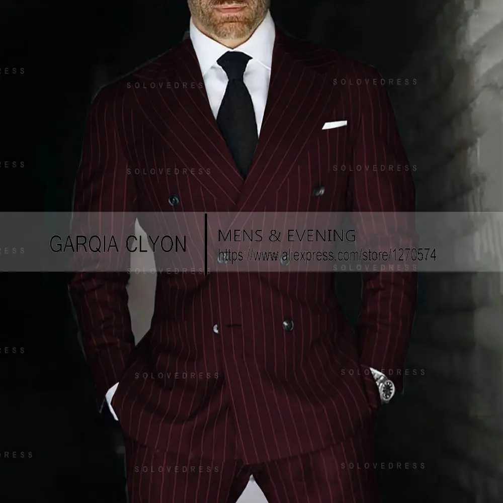 Black Stripe Mens Suits 2 Pcs Peak Lapel Double Breasted Male Clothing Prom Party Elegant Wedding (Jacket + Pants) Tailor-made X250704