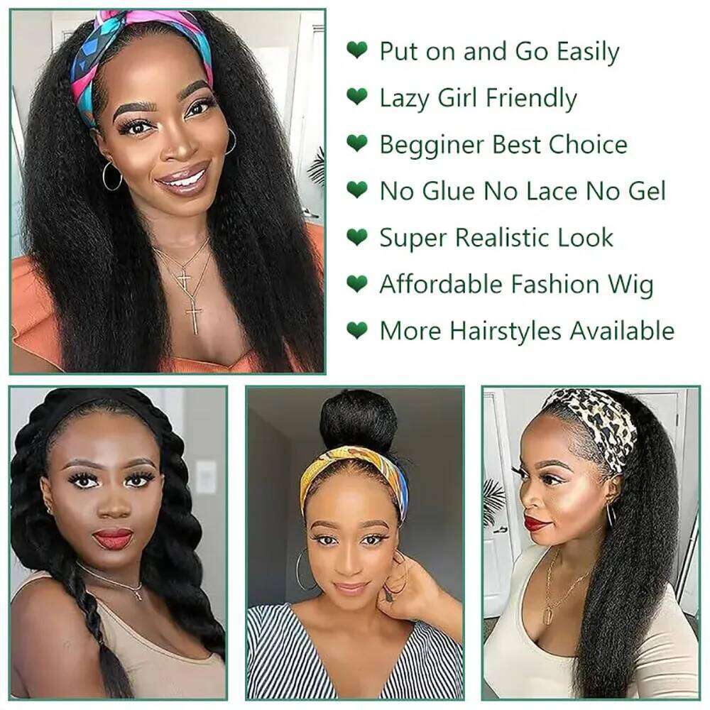 Kinky Glueless Wear and Go No Glue Headband Wig Yaki Straight Human Hair for Women