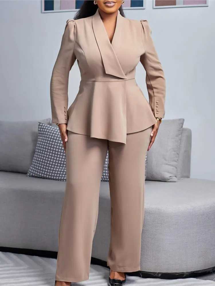 Women Two Pieces Set Elegant Long Slves Tops High Waist Pants Trousers Modest Peplum Office Ladies Work Wear Business Suit New X250704