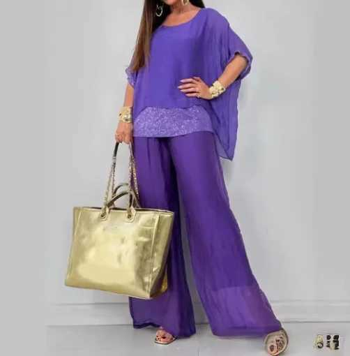 Fashion Solid Chiffon Suit For Women Casual Round Neck Bat Slves Sequin Top Wide Leg Pants Two Piece Set 2024 Summer New X250704