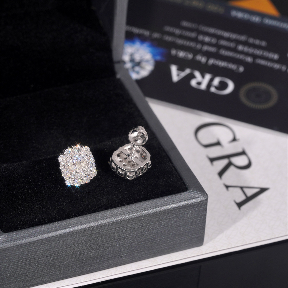 Pass Diamond Tester GRA Certified Fully Iced Out Hip Hop 925 Silver Jewelry Baguette Moissanite Stud Earrings