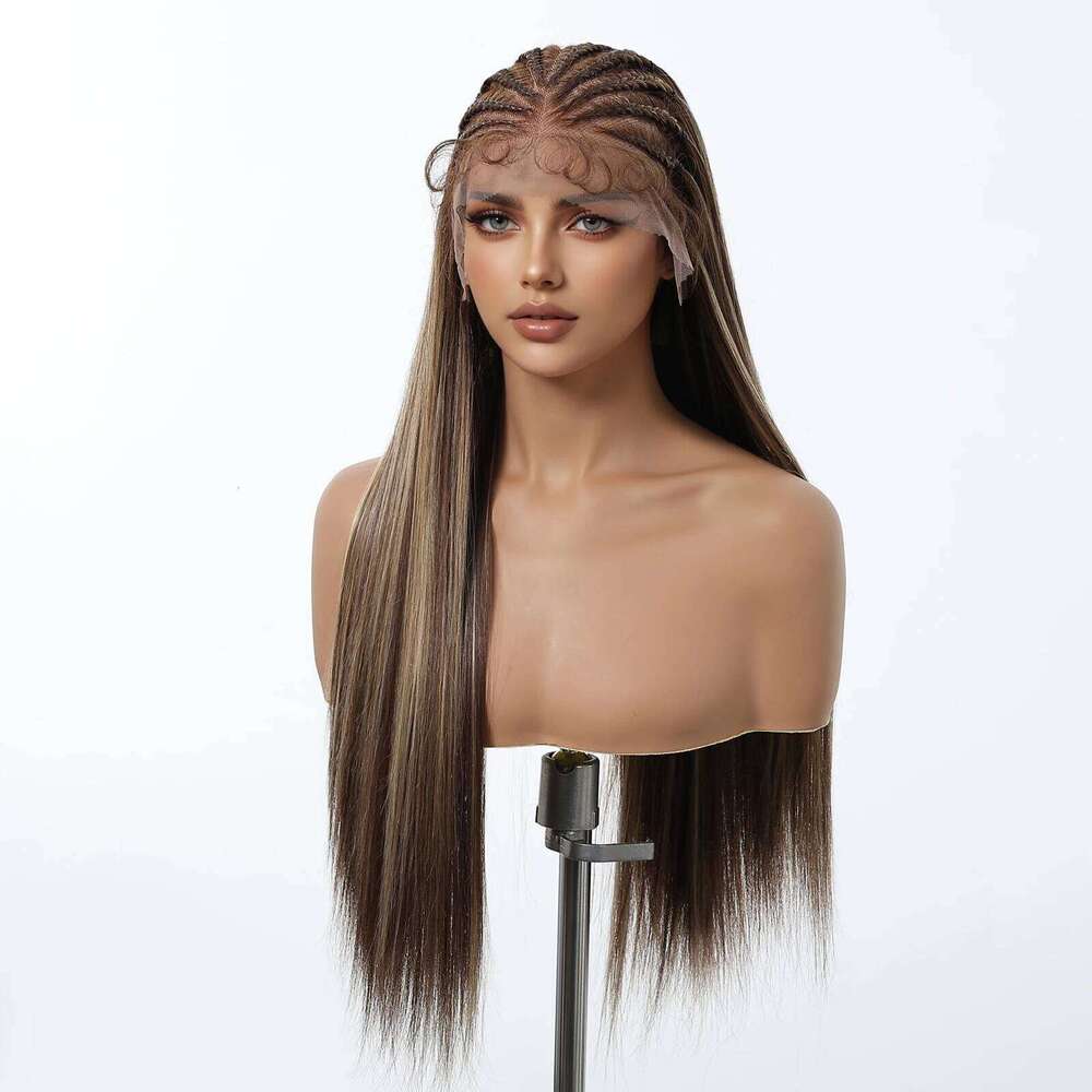 HENRY MARGU 13x6 Front Brown Highlight for Women Pre-Braided Lace Frontal Synthetic Wig Silky Straight Daily Braid Wigs