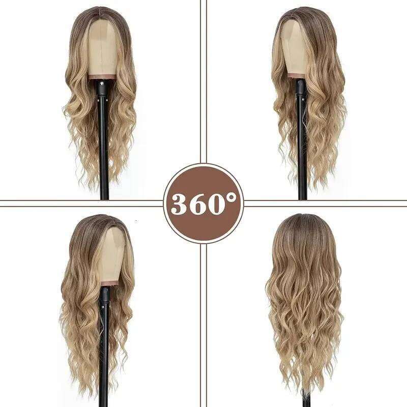Synthetic Long Lace Matte Silk Ombre Platinum Blonde Wavy Wig Women 26 Inch Curly Middle Part Extension for Daily