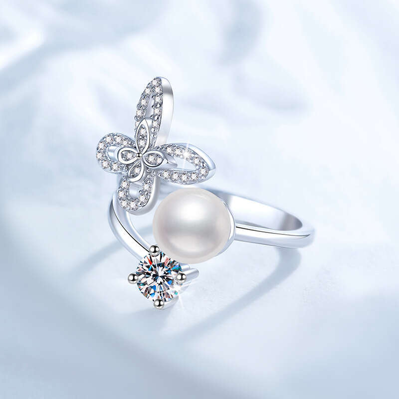 S925 Pure S925ilver MoiS925S925anite for Women Natural FreS925hwater Pearl Butterfly High-end Luxury AdjuS925table Ring 11e
