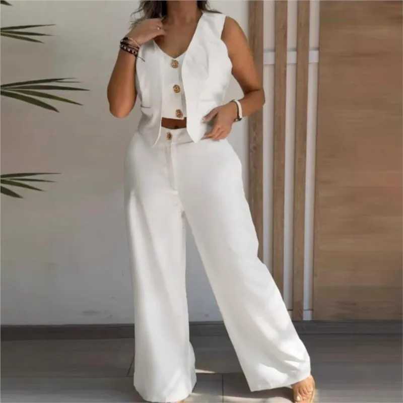 Womens Casual Vest Long Pants Set Summer New Fashion White Black Slveless Short Tank Top And Wide Leg Pants Thr Pieces Sets X250704