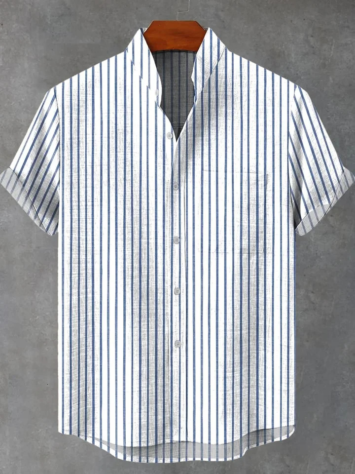 Mens striped linen short-sleeved shirt hit 2025 comfortable button-up shirt 250704