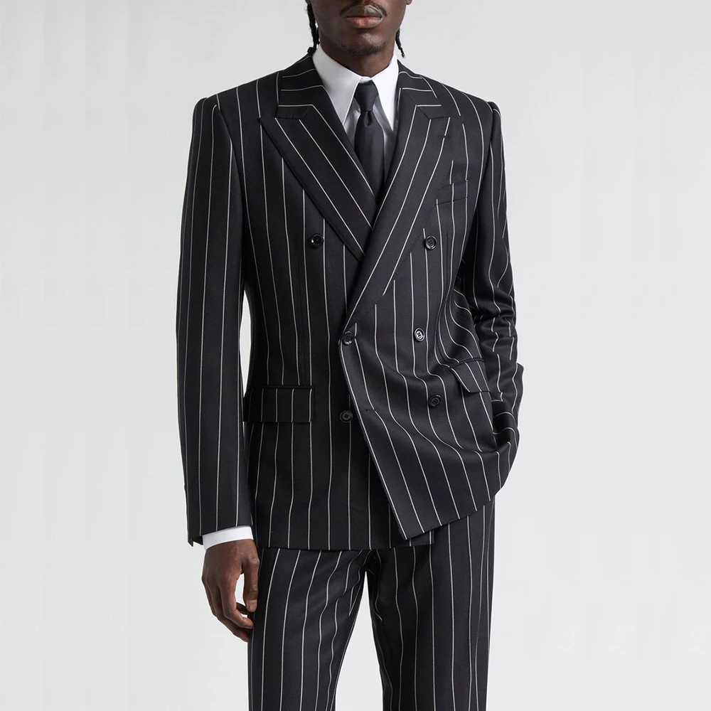 Black Pinstripe Mens Suits Double Breasted Peak Lapel High Quality 2 Piece Jacket Pants Full Sets Elegant Wedding Blazer 2025 X250704