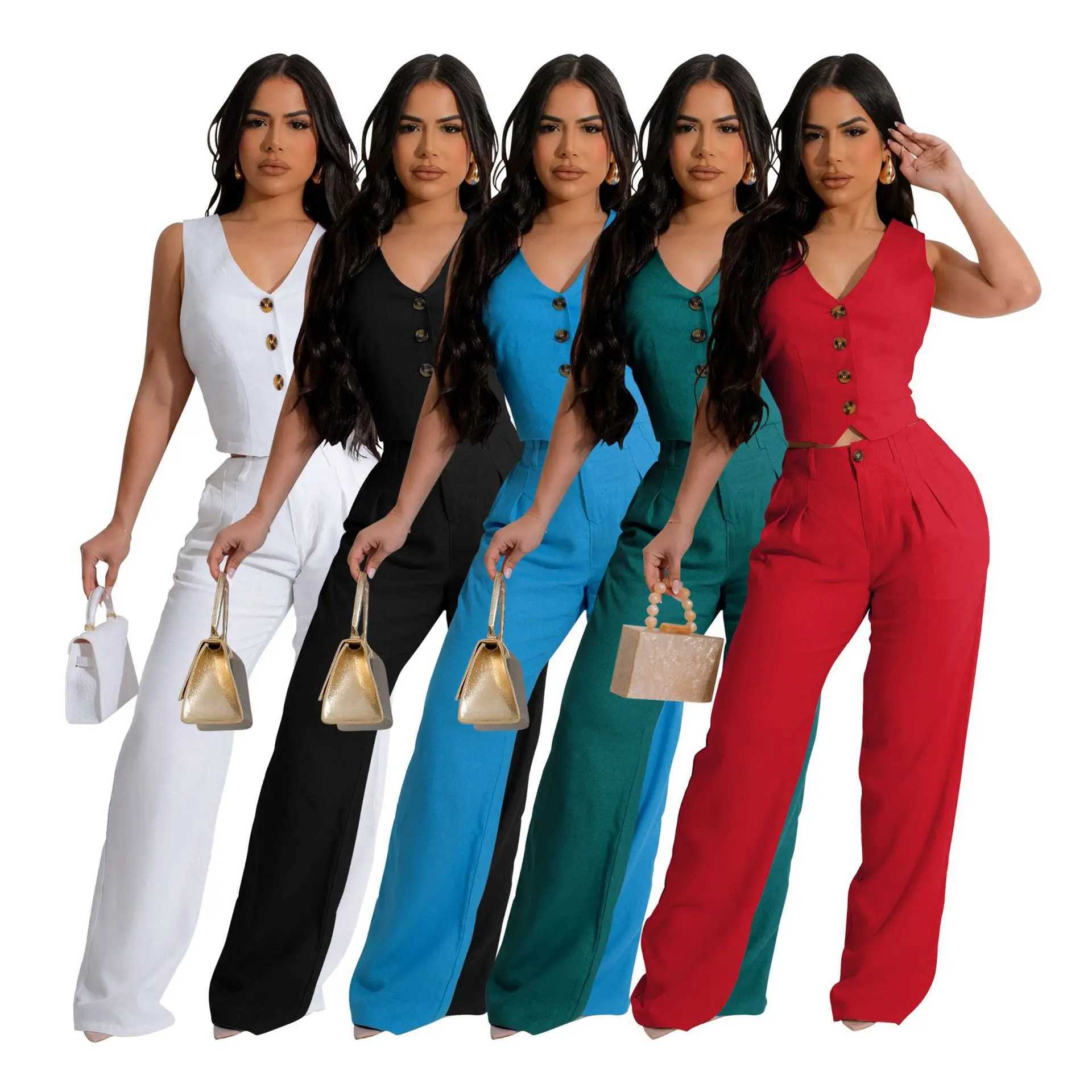 Women Two Piece Sets Pant Set V Neck Slveless Vest Top Slim Fit Solid Wide Leg Long Pants High Waist Elegant Splice Summer X250704