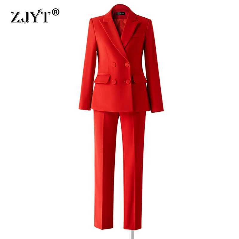ZJYT Autumn Business Chic Double Breasted Blazer Suit Pant Sets Two Piece Womens Outfit Office Lady Work Wear Trousers Set Red X250704