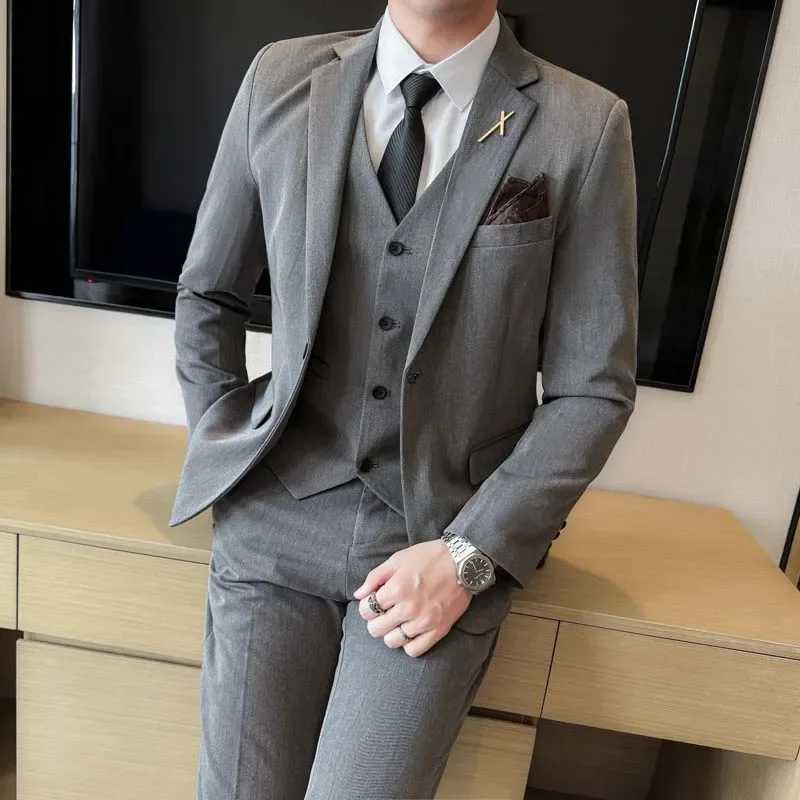 Black Mens Office/Interview Suit 3 Piece Fashion Slim Fit Jackets and Vest with Trousers Asian Size Gray Men Sets X250704