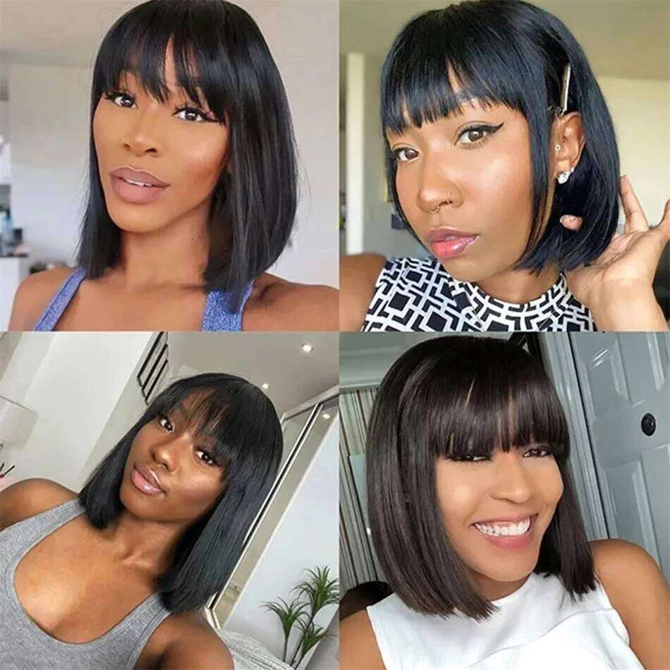 Straight Bob Wigs With Bangs Short Brazilian 180density For Woman Full hine Made Human Hair Wig