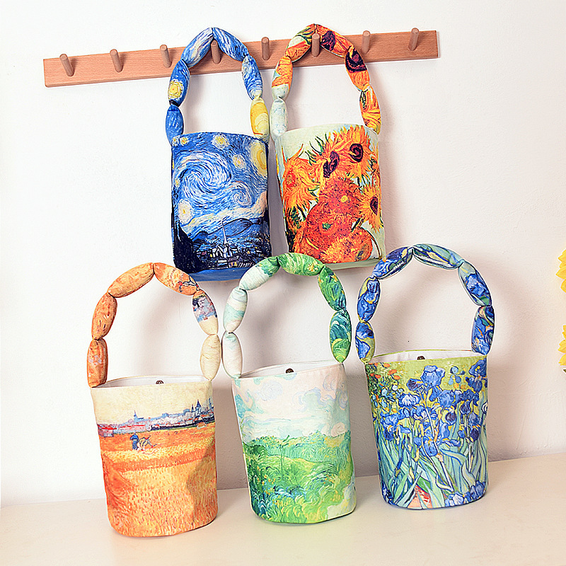 Free Shipping Designer Original New Van Gogh Wheat Field Starry Sky Sunflower Cotton Filled Bucket Bag Women's Handbag Miscellaneous Bag Outdoor 