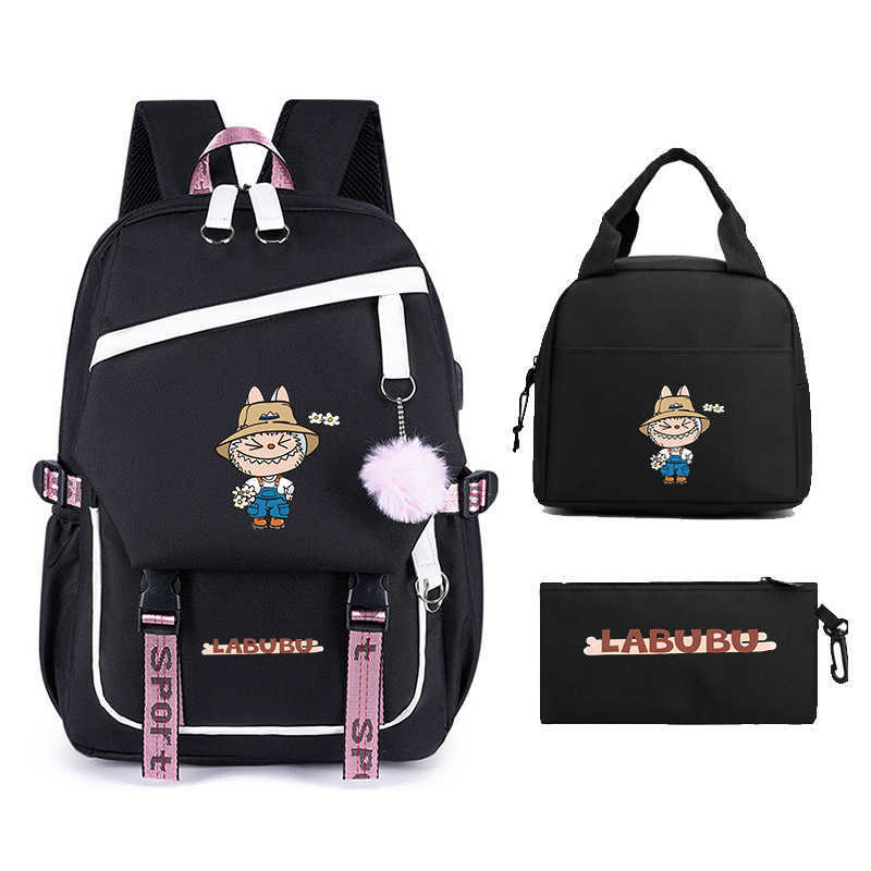 Labubu Backpack Labubu Elementary School Student Printed Cartoon Cute Double Shoulder Backpack Shoulder Bag Pencil Case Three-Piece Set L250703