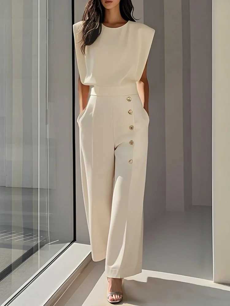 Fracy Women Elegant Jumpsuit Solid White Round Neck Cap Slves High Waist Wide Leg One-piece Suit Side Buttoned Coveralls X250704