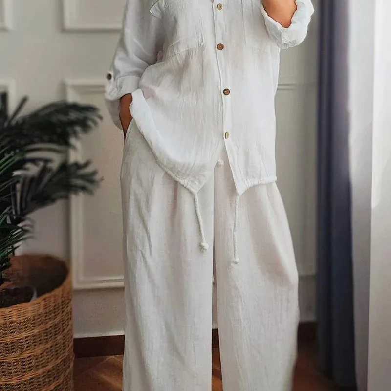 Womens Spring Casual Loose Cotton Linen Solid Shirt Wide Leg Pants 2-piece Set White Button Top Trousers Two Pieces Suits Women X250704