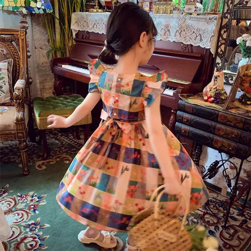 Humor Bear Girls Summer New Korean Checkered Countryside Floral Flying Sle Tank Skirt Dresses Casual Outfit 2-6Y R250704