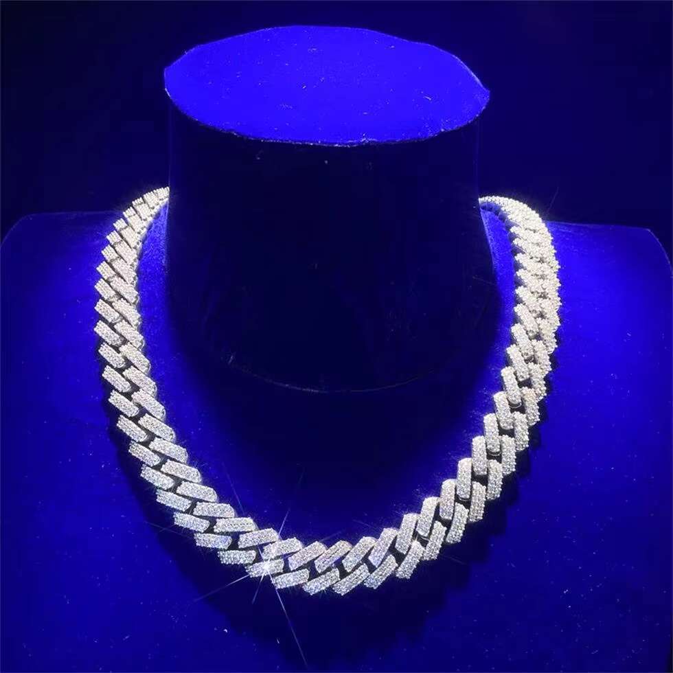 Round Moissanite White Gold Plated Sparkling Diamond Stone Set Hip Hop Jewelry Necklace Plating Ladder Square Cuban Link Chain