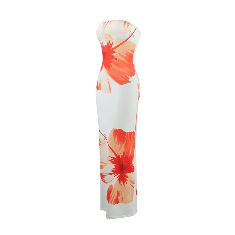 Summer Fashion Temperament Sexy Strapless Slim Holiday Long Dress Elegant Backless Printed Sleeveless Dress 250704