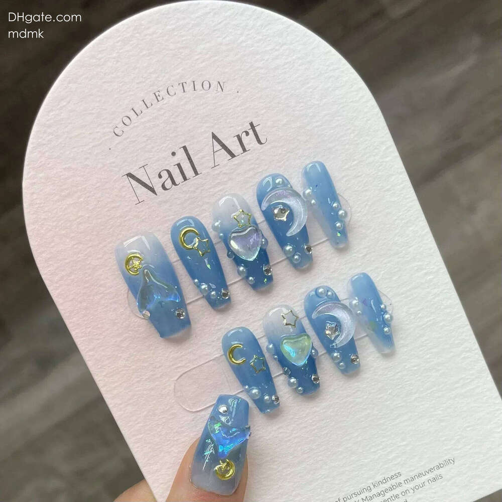 10Pcs Handmade Press on Long Ballet Blue Fake with 3D Ocean Moon Rhinestone Design False Nails Full Cover Nail Tips X250704