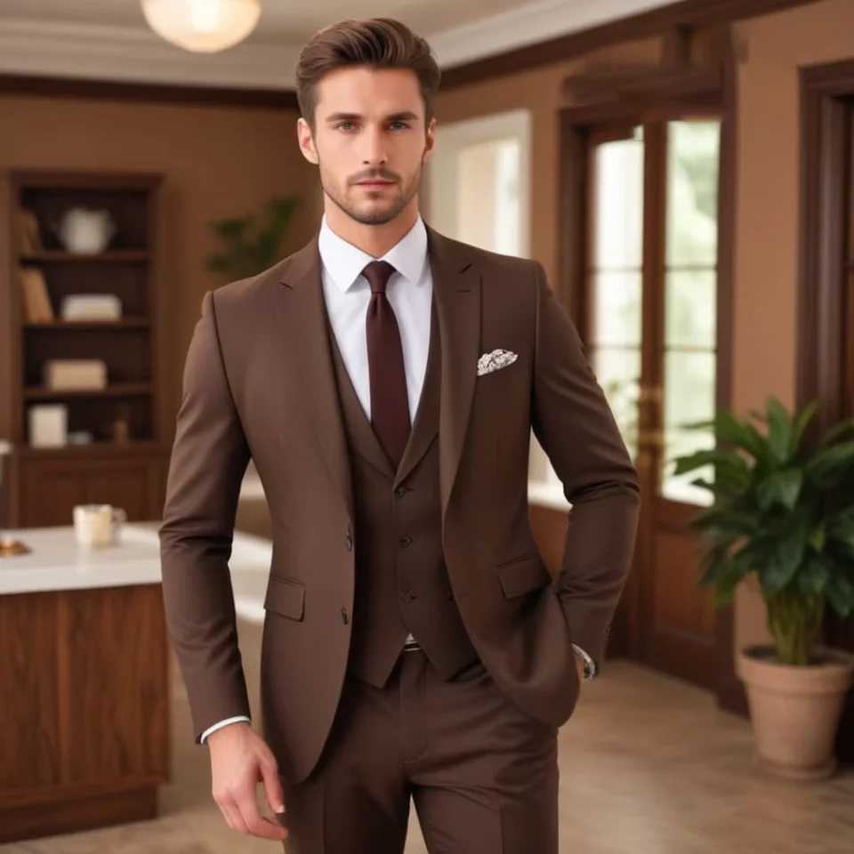 Dark Brown Suits for Men Fashion Single Breasted Solid Male Suit Fashion Business Casual Formal Wedding Party Tuxedo 3 Piece X250704