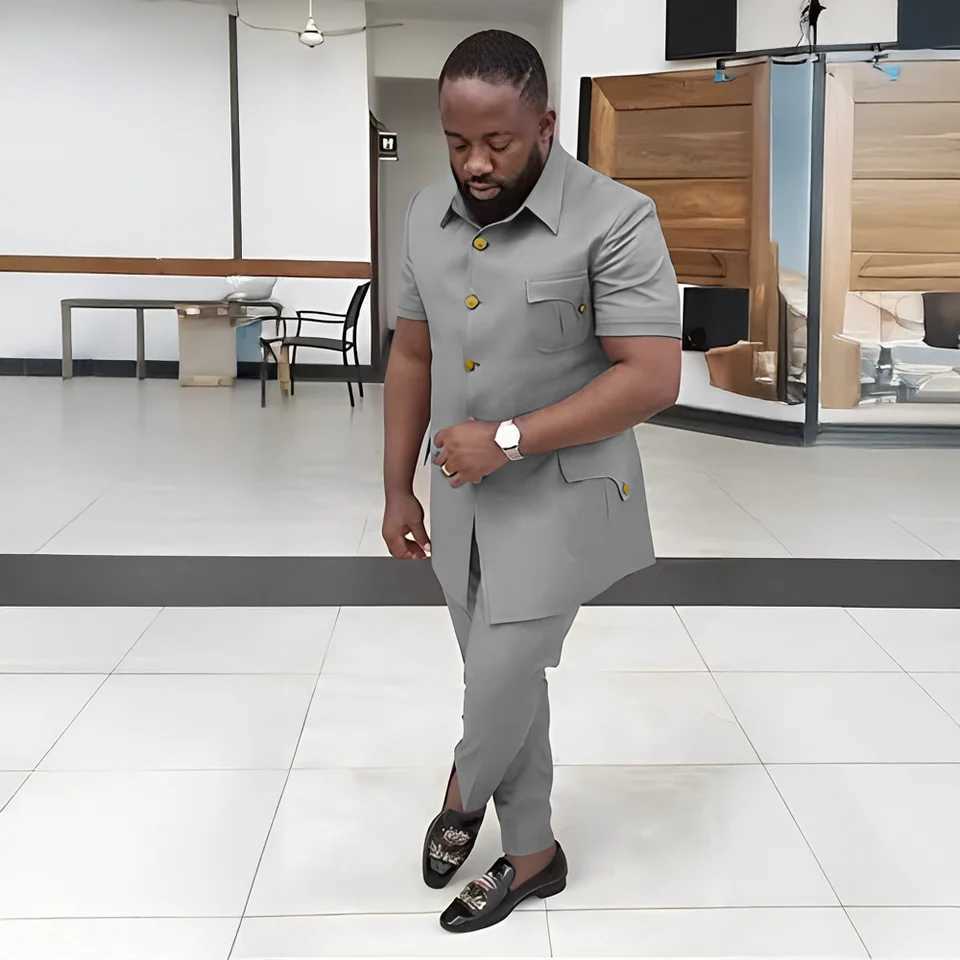 2 Piece Beige Mens Summer Suit Set Wedding Groom Tuxedo Short Sleeve Blazer Pants Formal Male Suit X250704