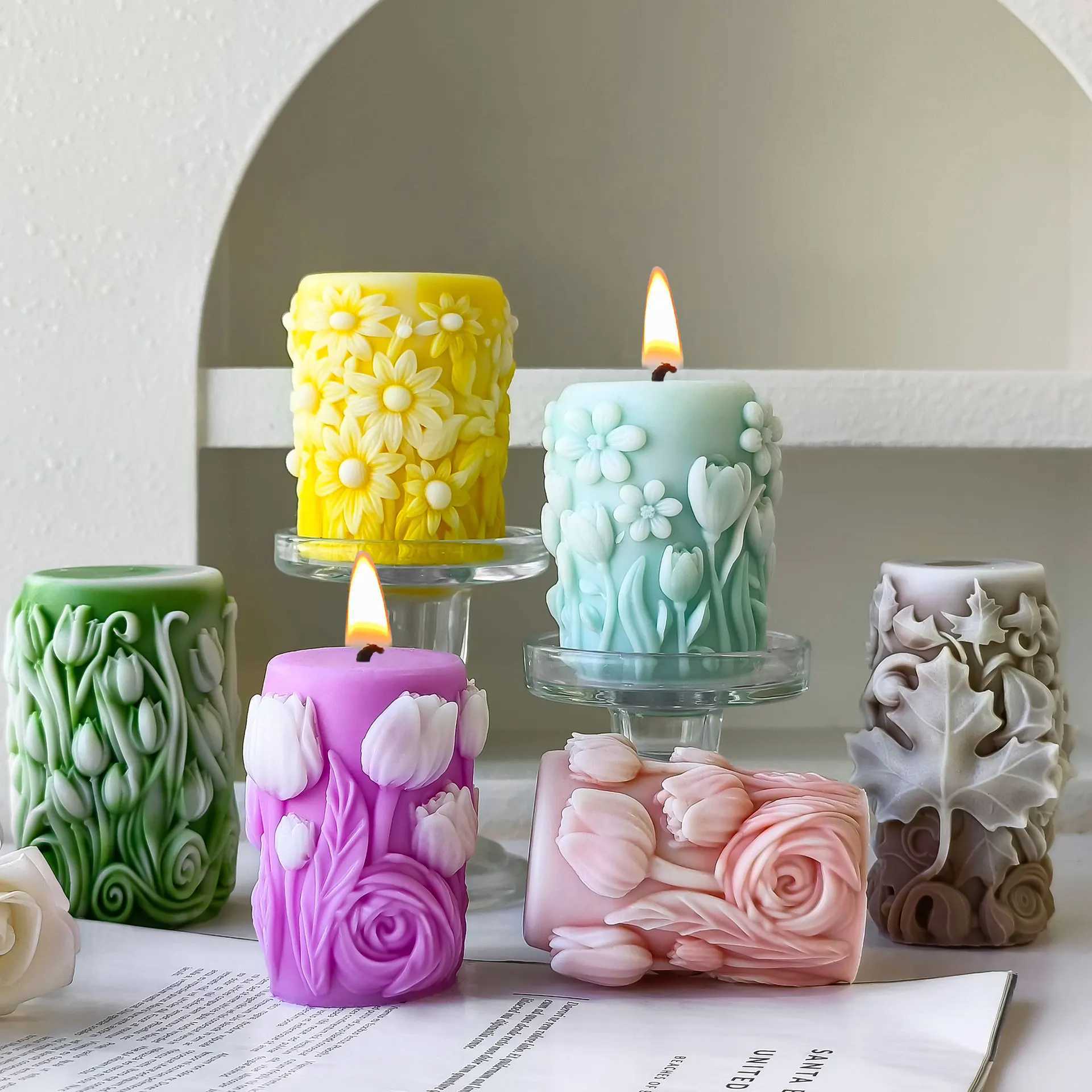 Handmade Aroma candle PlasterOmament Flowers Pillar Molds HomeDecoration 3D cylinder Maple BloomingTulip Silicone Mold W250704