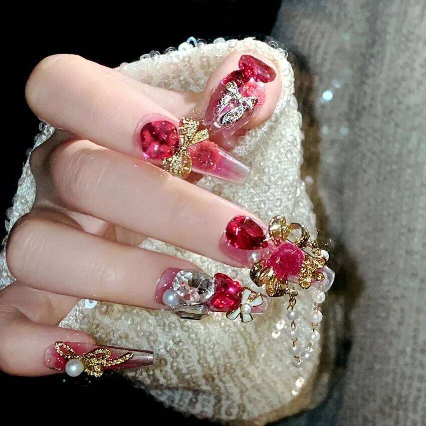 24pcs Heavy Metal Red Crystal Design False Nails 3D Gold Bow Pearl Decor Bride Fake Nail tips Full Cover Dia Press on nails X250704
