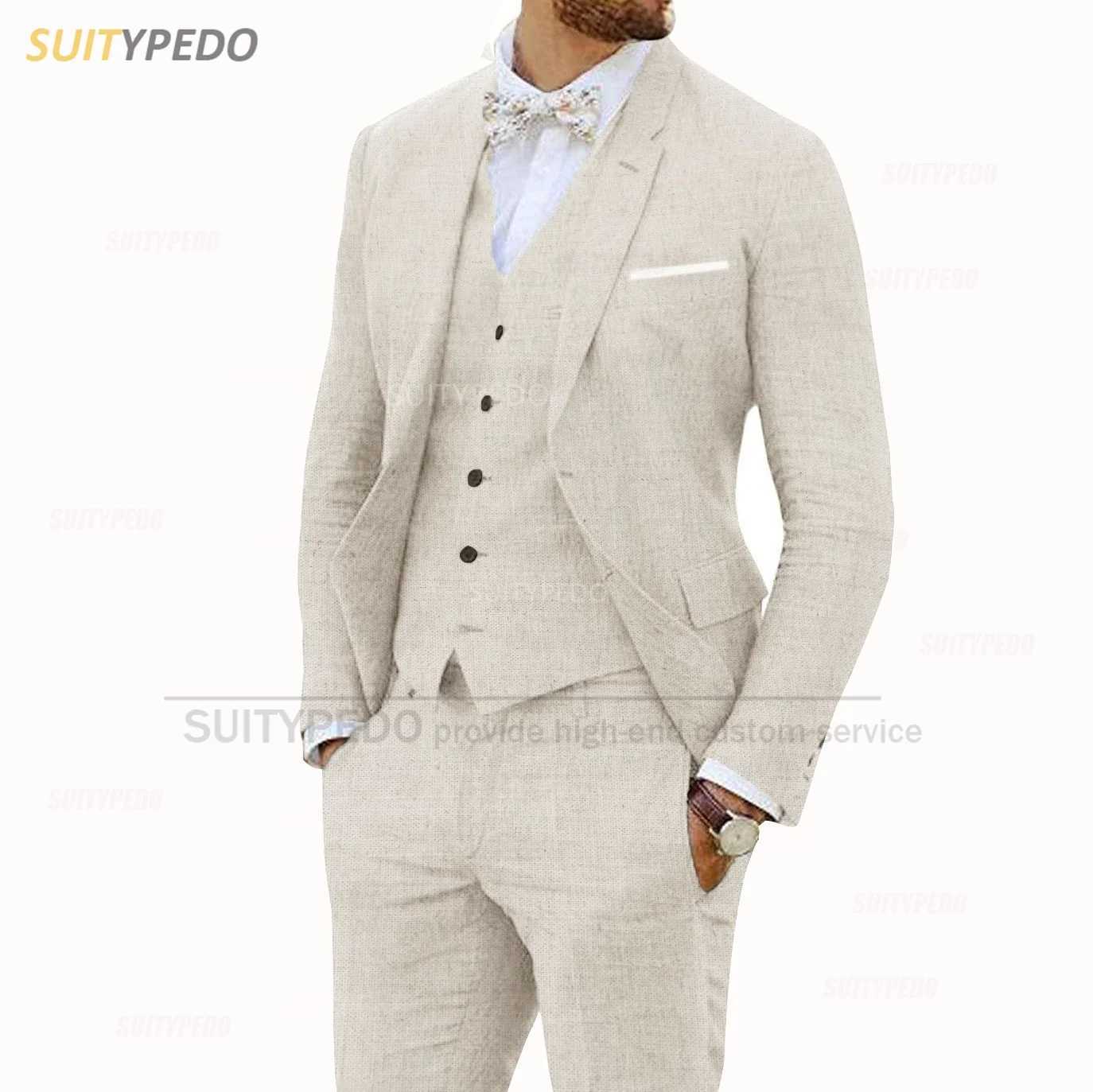 Beige Linen Suits for Men 3 Pieces Casual Slim Fit Suit Blazer Vest Pants Set Formal Prom Wedding Tuxedos for Best Man Groomsmen X250704