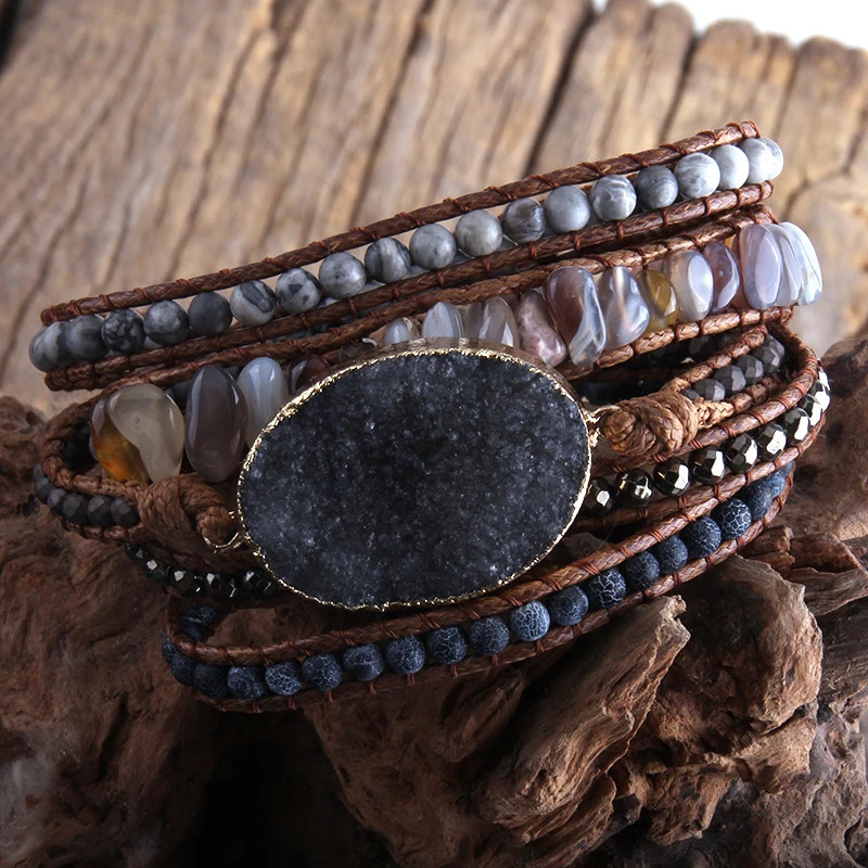 RH Fashion Boho Jewelry Beaded Bracelet Big Druzy Stone Charm 5 Strands Wrap Bracelets 250628