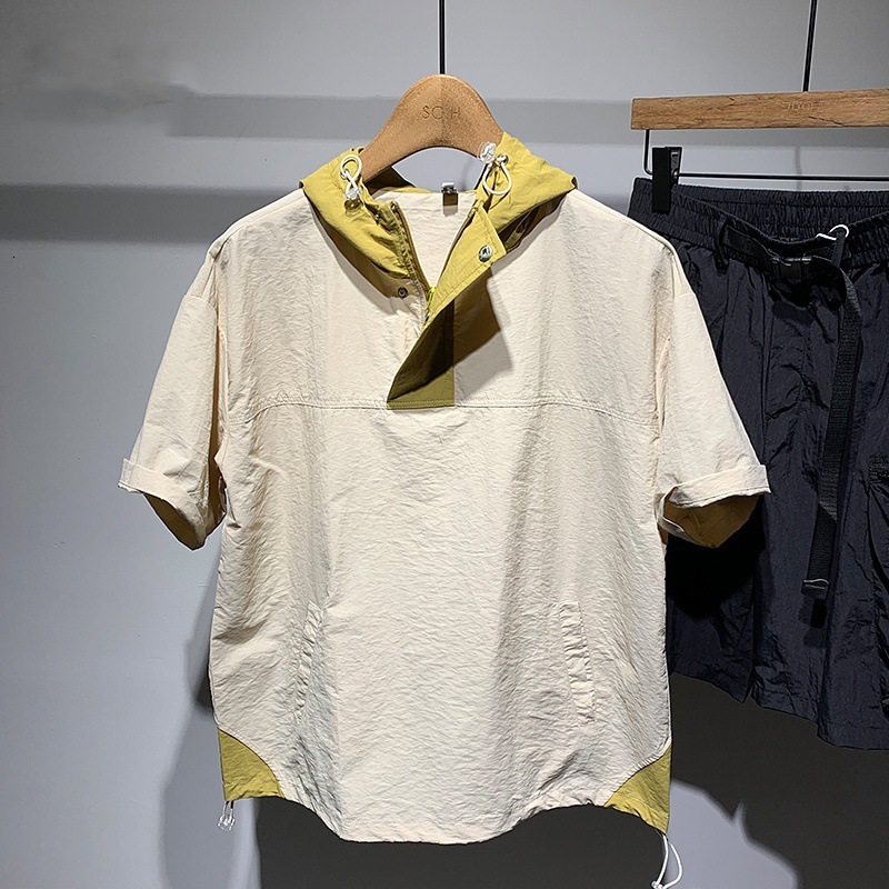 2025 Summer Korean Fashion Color Block Versatile Drawstring Cargo Hooded Top Breathable Drop Shoulder Men's Short Designer Short Sleeves Sleeve T