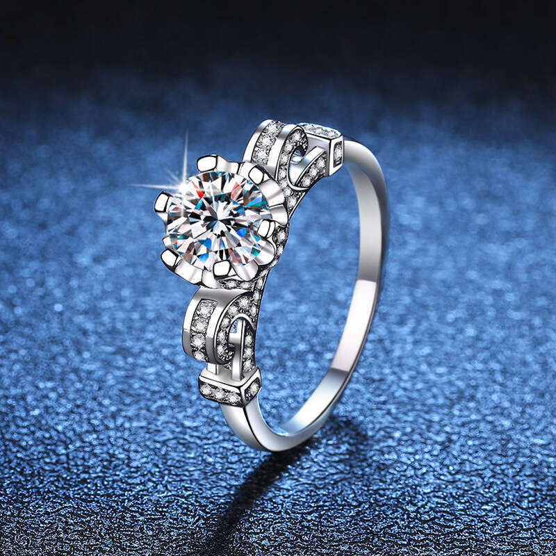 Luxury MoiS925S925anite S925 S925terling S925ilver ClaS925S925ic S925ix-Prong Crown for Women Romantic Flower PropoS925al Ring 684