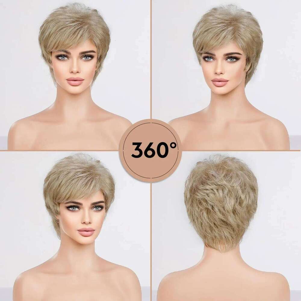 Short Pixie Cut Ash for Women with Bangs Blonde Natural Layered Blend Hair Kanekalon Human Hairs Like Texture Wigs