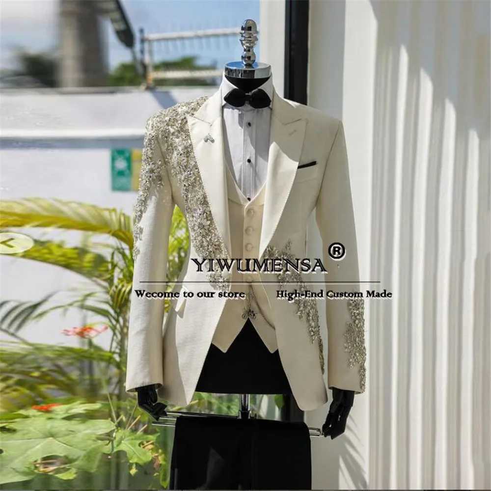Man Sliver Beaded Suits Slim Fit 3 Pieces Formal Party Groom Wedding Tuxedos Customized Single Breasted Prom Blazers Man Dresses X250704