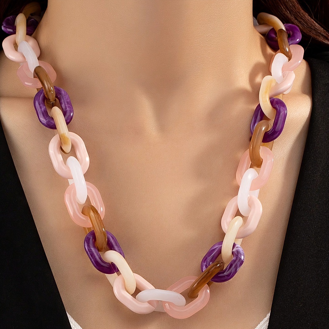 A Fresh Multi-Color Acrylic Chain Necklace With Big Buckle, Exaggerated Style For Young People
