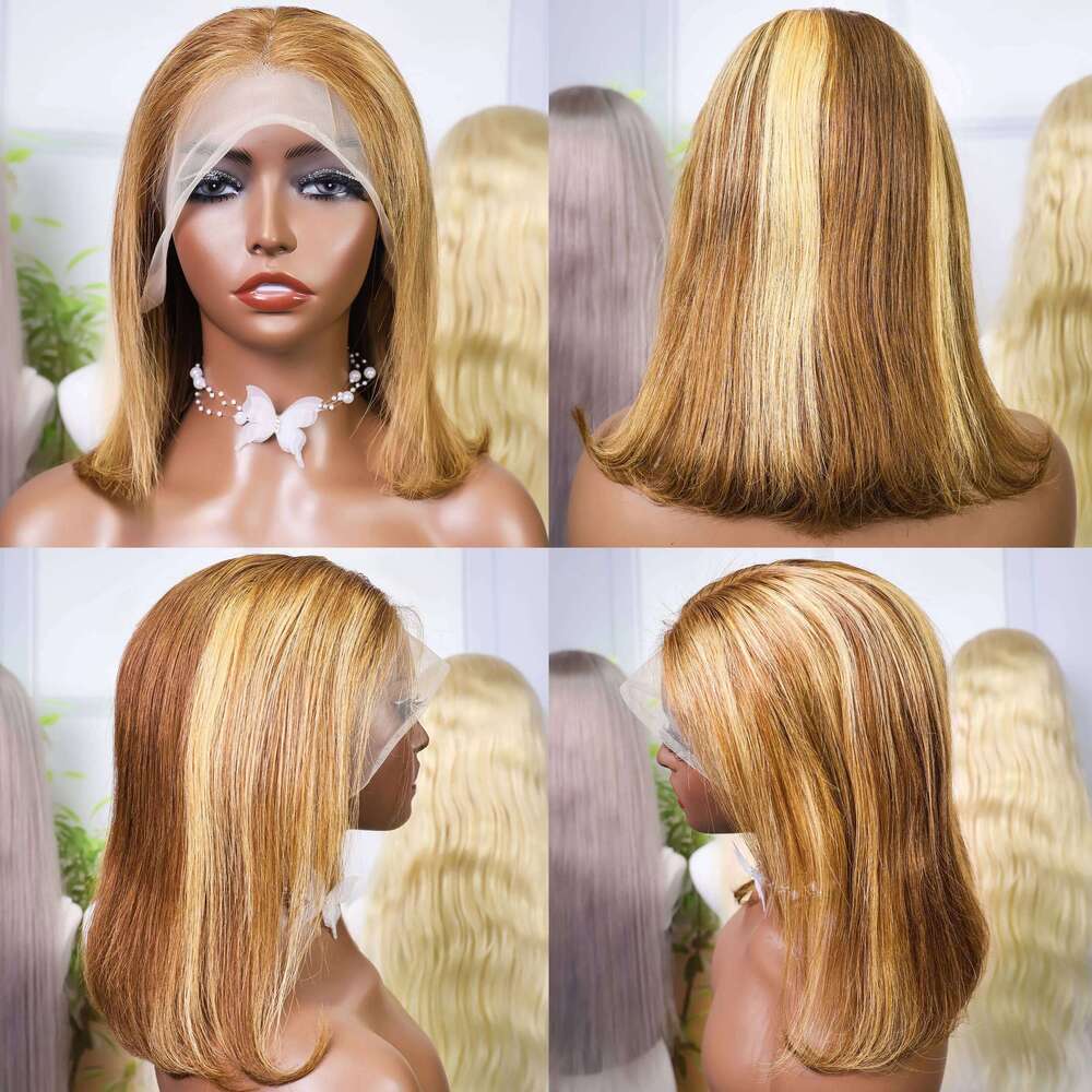 100% 13x4 Human Hair Lace Frontal Wig Ready Wear Bob Wigs 220Density For Black Women 4/27 Color Gold