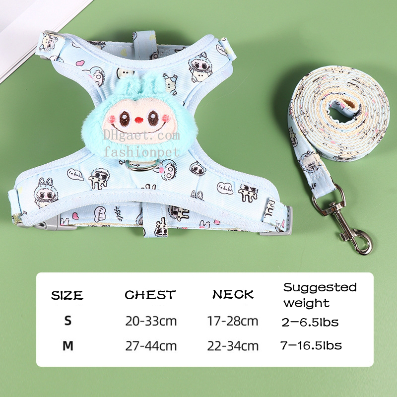 Labubu Dog Harness and Leash set, Step-in Soft Mesh Puppy Cats Harnesses Vest with Cute Doll Decorations, Breathable Designer Harness for Pomeranian, 