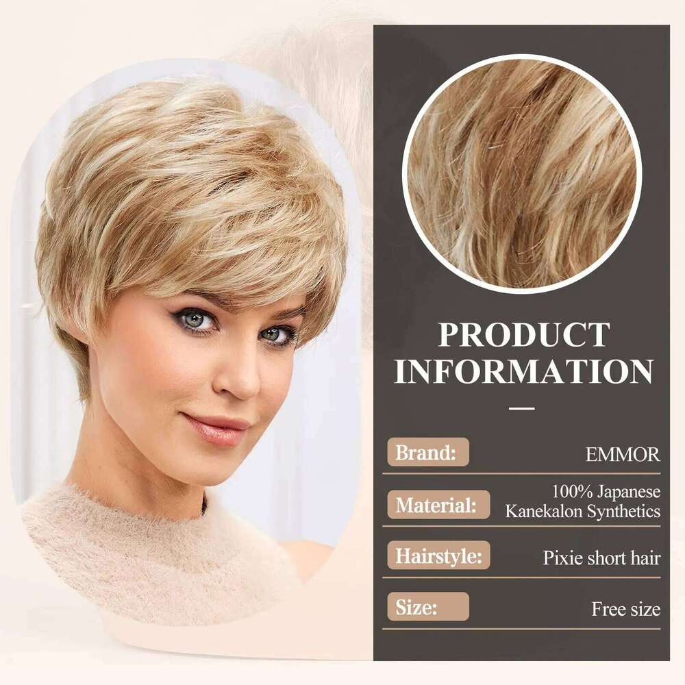 Golden Blonde Kanekalon Like Human Hairs Synthetic Wigs for Women Short Pixie Cut Natural Layered Blend Hair Wig Heat Resistant