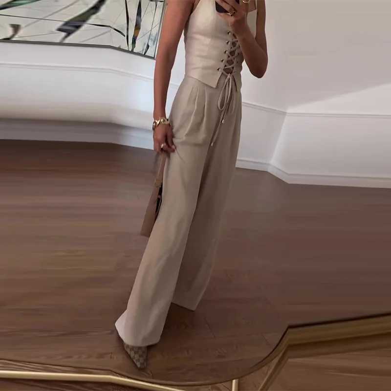 Women Two Piece Sets Pant Set Sling Slveless Sexy Hollow Out Sheath Short Tops Wide Leg Long Pants Casual Elegant Splice X250704