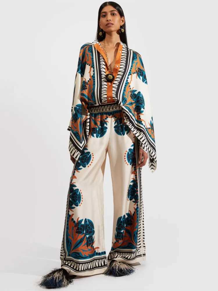 Vintage Print Pants Sets Women Irregular Loose Long Slve Shirt Wide Leg Trousers Two Piece Set Female Fashion Trend Strtwear X250704