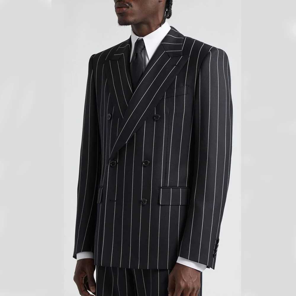 Black Pinstripe Mens Suits Double Breasted Peak Lapel High Quality 2 Piece Jacket Pants Full Sets Elegant Wedding Blazer 2025 X250704