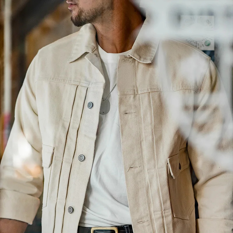 Maden Retro Type II Denim Jackets Beige Cotton Washed Coats for Mens Autumn Versatile Singlebreasted Lapel Outerwear 250704